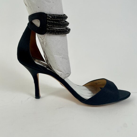Badgley Mischka Dazzler Black Satin Strappy Heels With Beaded Ankle Strap, Sz 9 - Picture 2 of 10